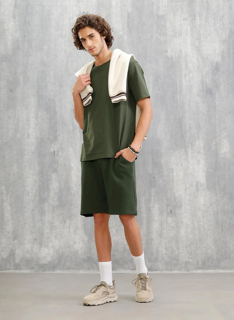 روجن Slim Fit Terry Knitted Shorts | Olive